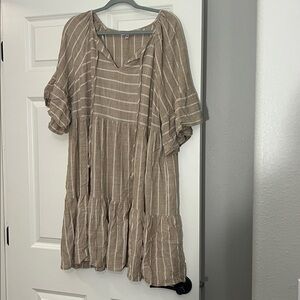 Robbie Bee Tan and White Striped Tiered Dress